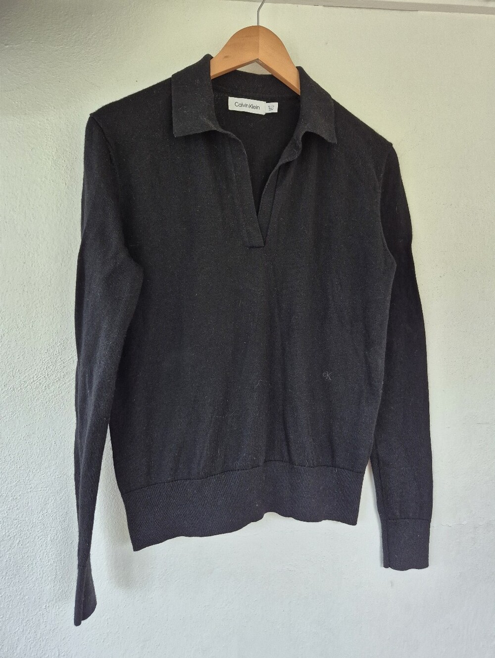 Wool Blend Johnny Collar Fine Knit Sweater Size Small Black By Calvin Klein